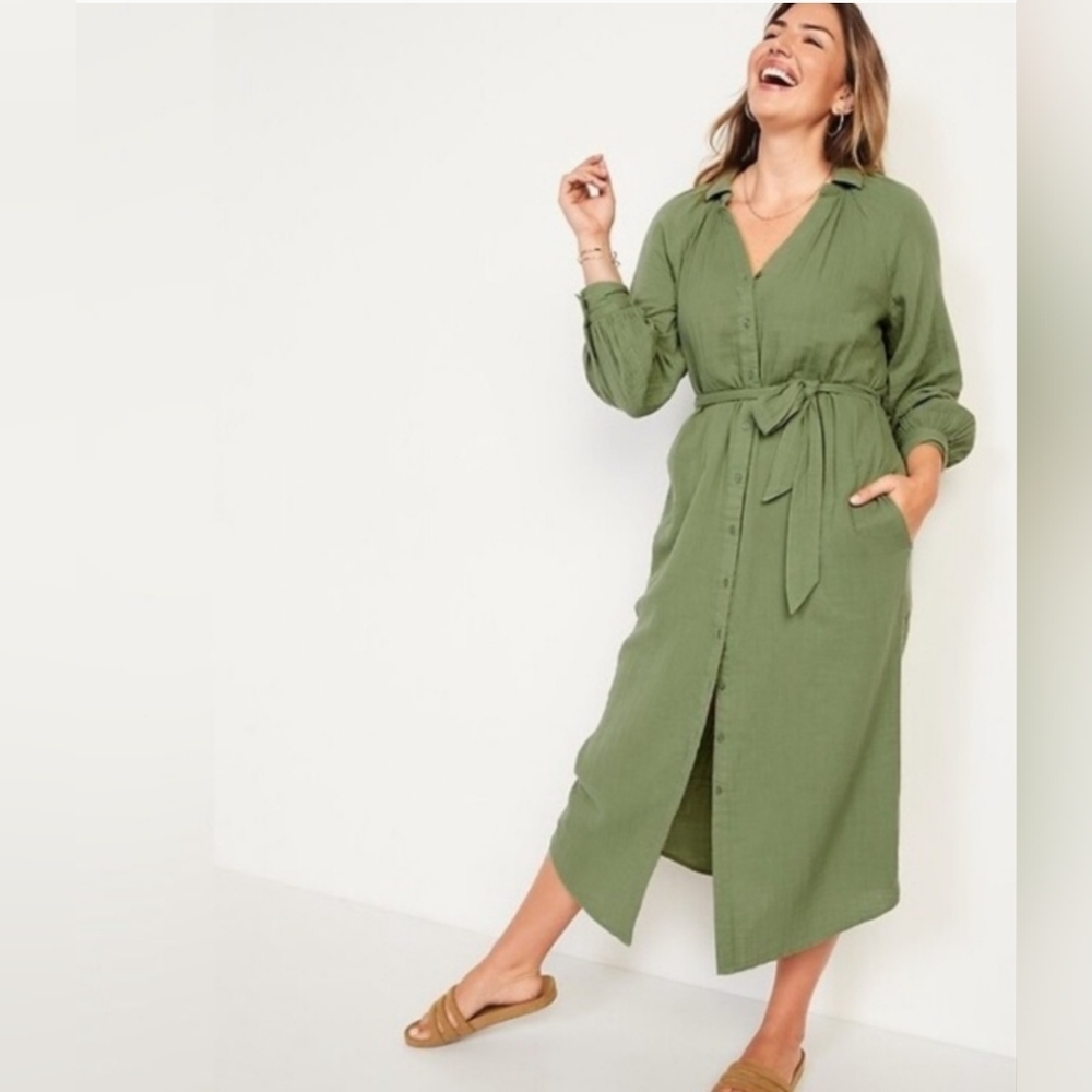 New Old Navy Sage Green Belted Midi Shirt Dress Size XXL Long Sleeve Cotton - Picture 2 of 16